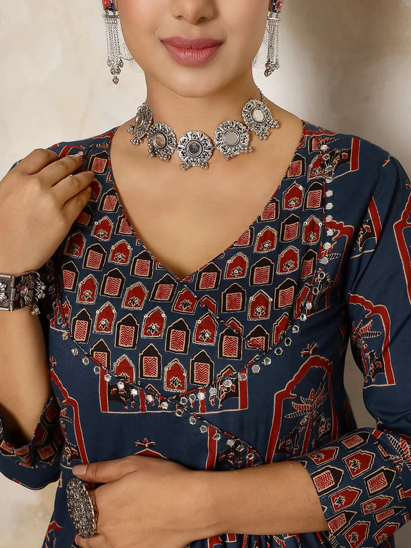 Cotton Calf Length Printed V-Neck Anarkali Kurta Suit Set