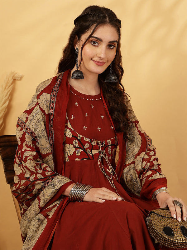 Rayon Calf Length Printed Flared 3/4 Sleeves Round Neck Kurta Bottom Dupatta Set