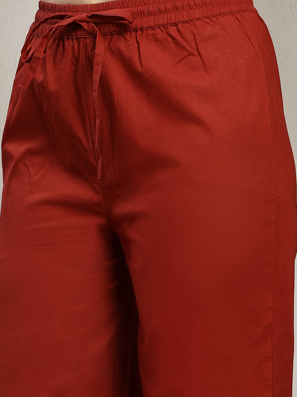 Cotton Calf Length Solid 3/4 Sleeve V-Neck Straight Kurta Suit Set