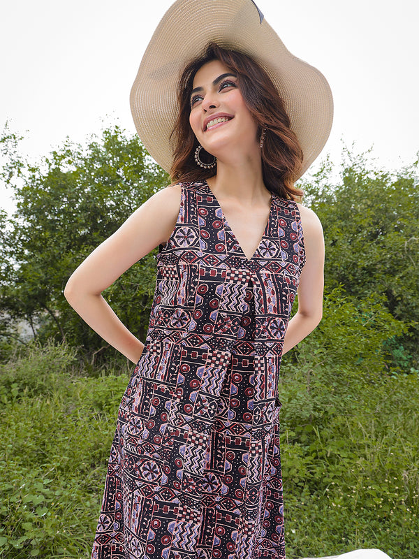 Gulmohar Jaipur Rayon Calf Length Printed Sleeveless V-Neck Flared Dress