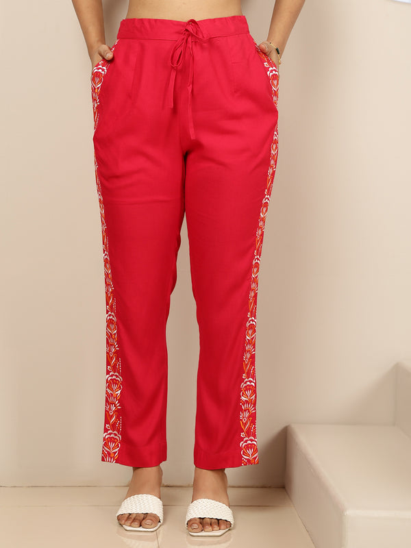 Coral Rayon Hip Length Solid Round Straight 3/4 Sleeves Kurta Pant Set