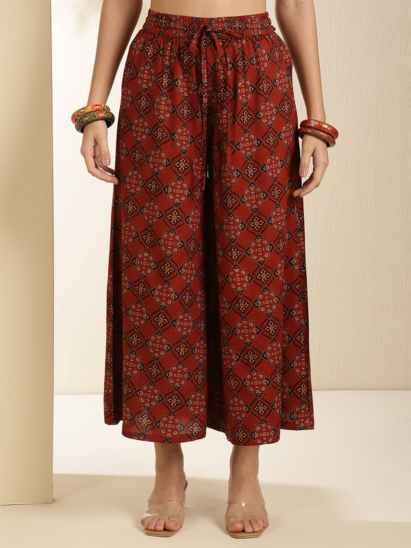 Maroon Rayon Printed Sleeveless Round Neck Asymmetrical Kurta Bottom Set