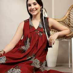 Gulmohar Jaipur Cotton Calf Length Printed Sleeveless Collard Neck Flared Kurta
