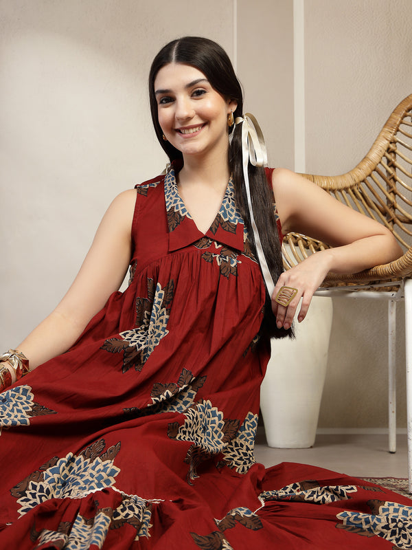 Gulmohar Jaipur Cotton Calf Length Printed Sleeveless Collard Neck Flared Kurta