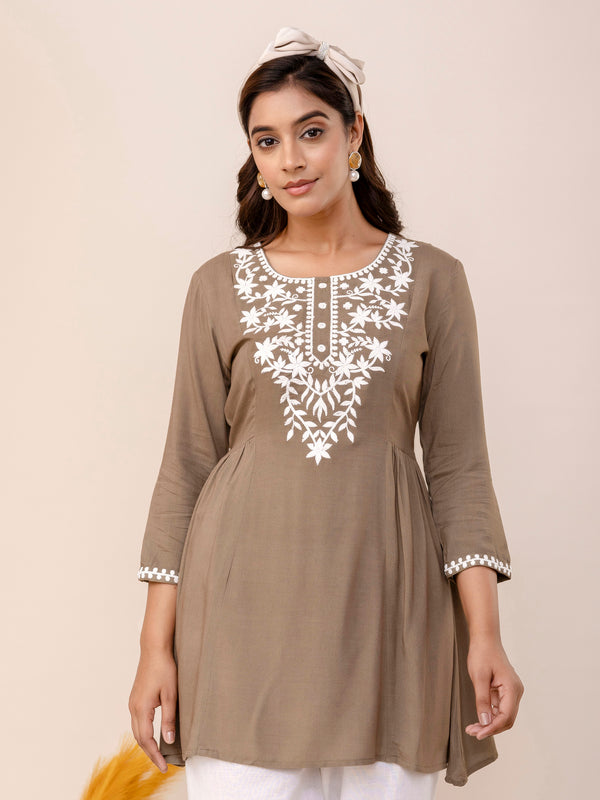 Grey Rayon Hip Length Solid Round Neck Solid Embroidered Straight Top
