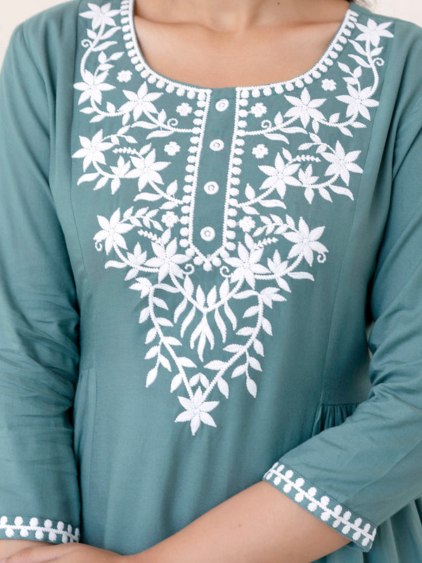 Skyblue Rayon Hip Length Solid Round Neck Solid Embroidered Straight Top