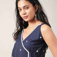 Cotton Hip Length Solid Sleeveless V-Neck Flared Top