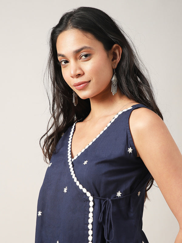 Cotton Hip Length Solid Sleeveless V-Neck Flared Top