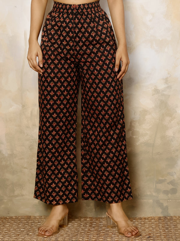 Black Cotton Calf Length Printed V-Neck Flared Kurta Suit Set