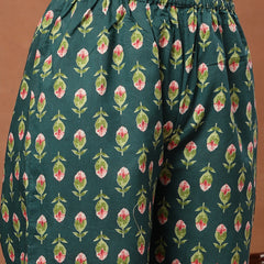 Cotton Calf Length Printed 3/4 Sleeves V-Neck Flared Kurta Suit Set