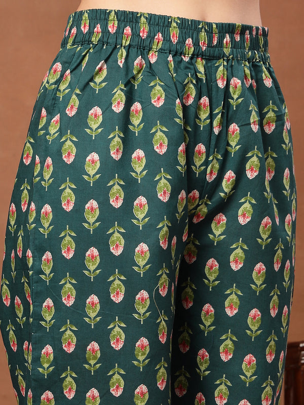 Cotton Calf Length Printed 3/4 Sleeves V-Neck Flared Kurta Suit Set