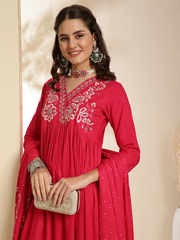 Coral Rayon Solid 3/4 Sleeves V-Neck Semi-Flared Kurta Suit Set