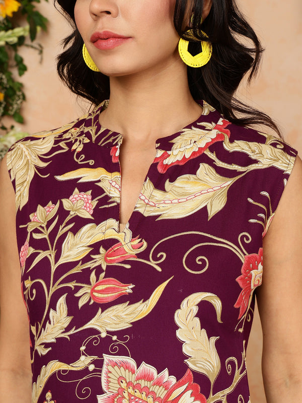 Purple Rayon Calf Length Printed Mandarin Neck Straight Kurta Palazzo Set