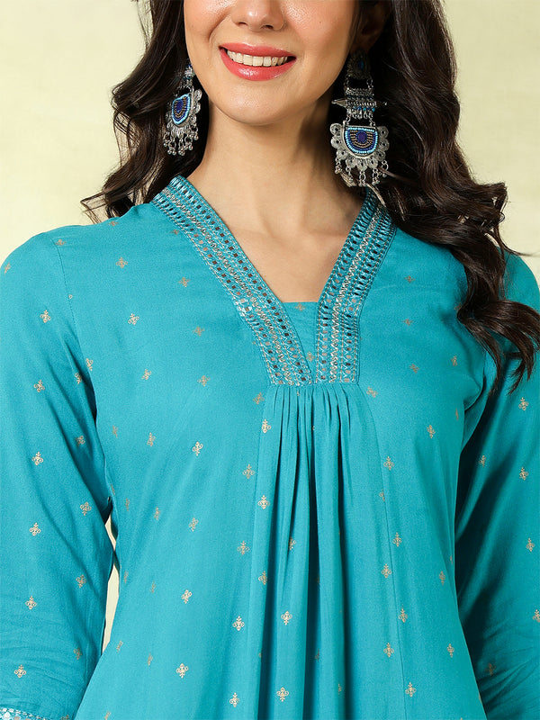 Rayon Calf Length Solid Semi-Flared V-Neck Kurta