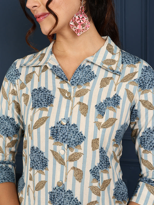 Blue Cotton Flex Calf Length Printed Shirt Coller Straight Kurta