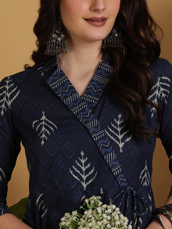 Navy Blue Cotton Calf Length Printed Flared V-Neck Kurta Palazzo Set
