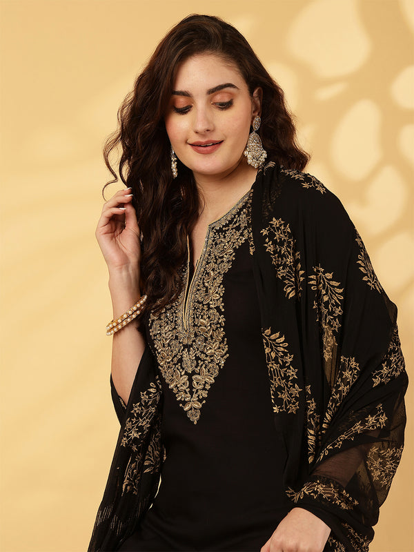 Rayon Calf Length Solid Straight 3/4 Sleeves Round Neck Kurta Bottom Dupatta Set