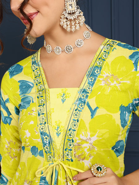 Lime Cotton Calf Length Printed V-Neck Flared Kurta Suit Set