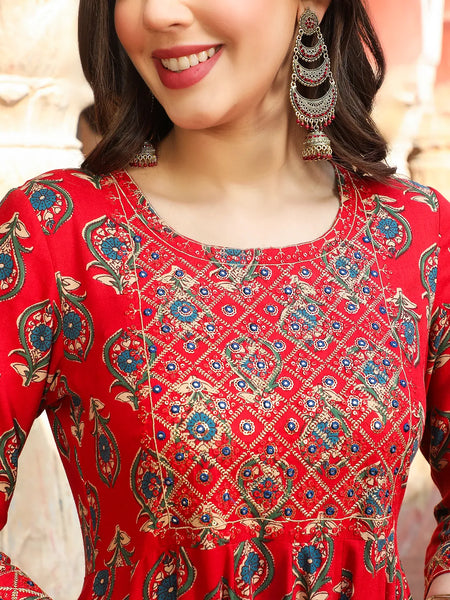 Maroon Block Printed Embroidered Flared Kurta