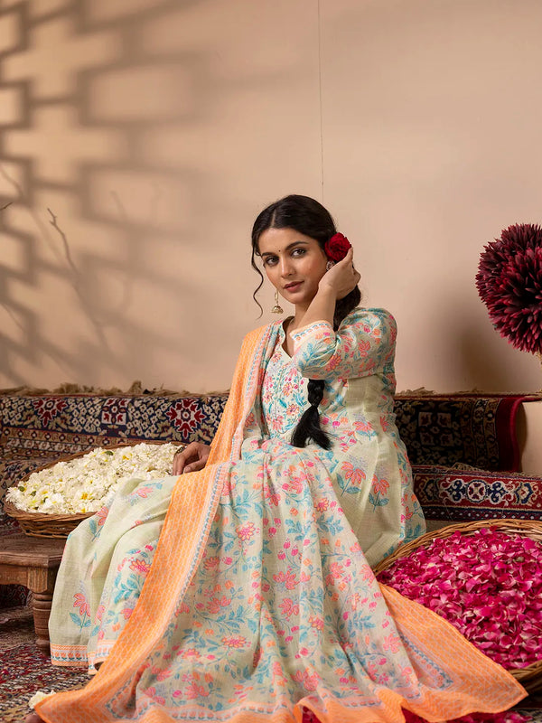 Mint Green Cotton Floral Print Embroidered Kurta Suit Set