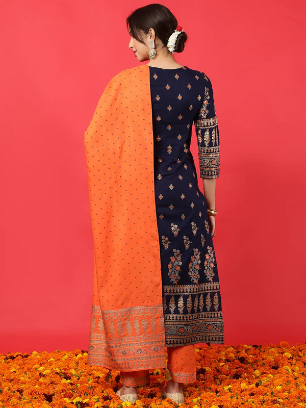Navy Blue Printed Straight Rayon Kurta Suit Set