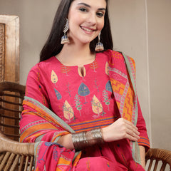 Gulmohar Jaipur Rayon Calf Length Printed 3/4 Sleeves Round Neck A-Line Kurta Suit Set