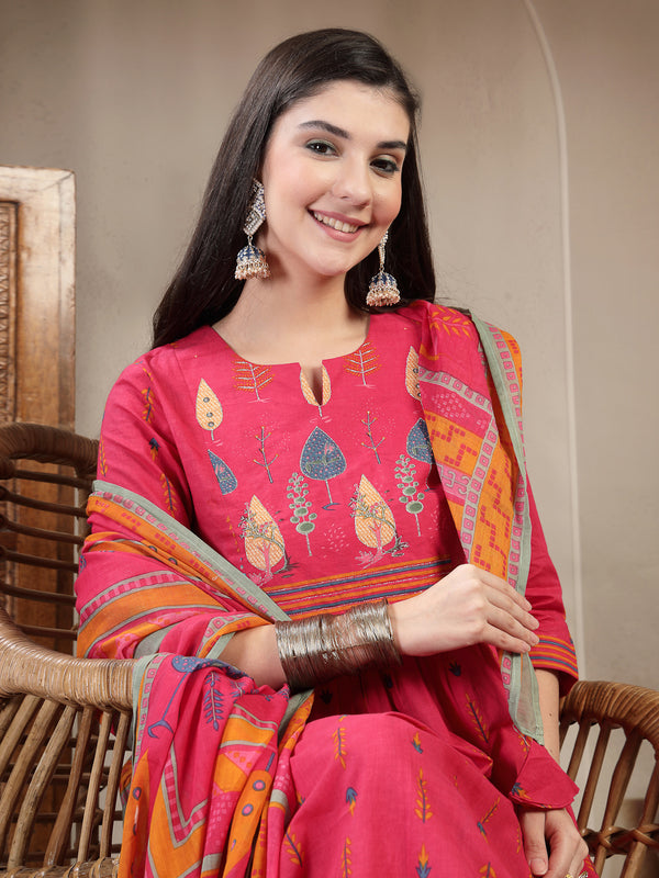 Gulmohar Jaipur Rayon Calf Length Printed 3/4 Sleeves Round Neck A-Line Kurta Suit Set