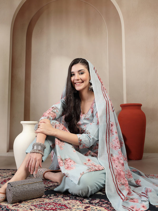 Gulmohar Jaipur Cotton Calf Length Printed 3/4 Sleeves V-Neck Straight Kurta Suit Set