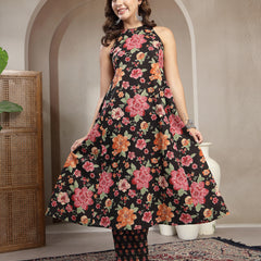 Cotton Calf Length Printed Sleeveless Round Neck Flared Kurta Suit Set