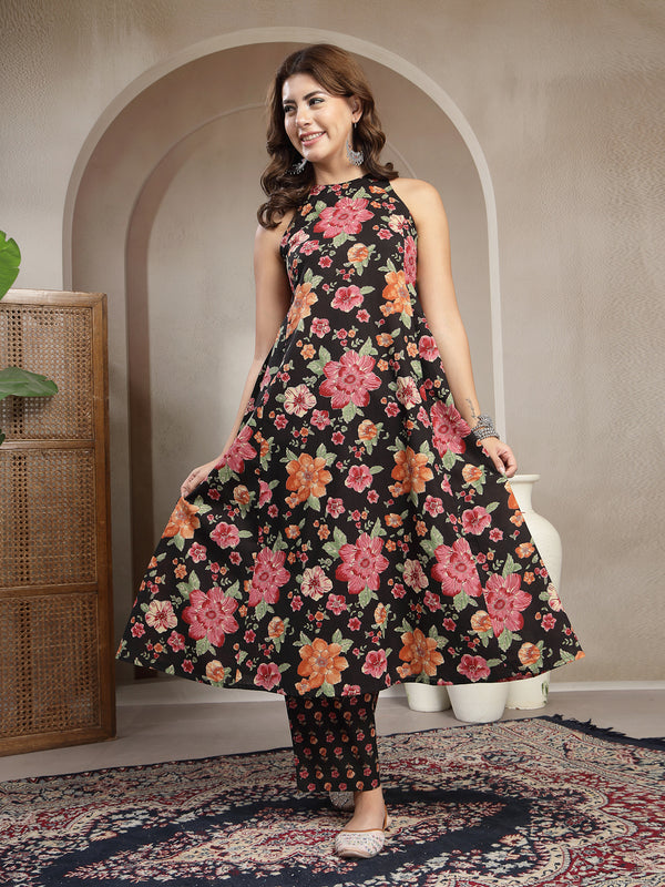 Cotton Calf Length Printed Sleeveless Round Neck Flared Kurta Suit Set