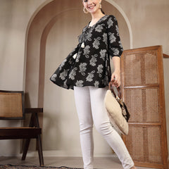 Gulmohar Jaipur Cotton Hip Length Printed 3/4 Sleeves V-Neck Flared Top