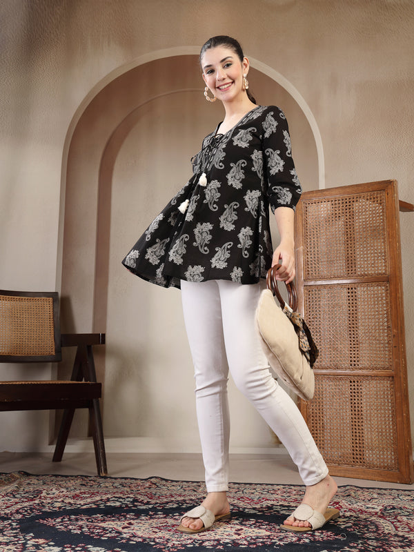 Gulmohar Jaipur Cotton Hip Length Printed 3/4 Sleeves V-Neck Flared Top