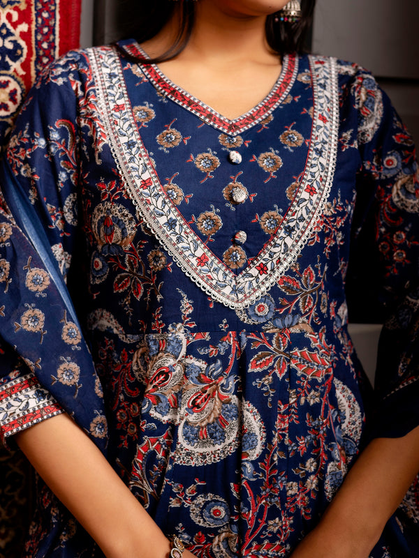 Blue Cotton Calf Length Printed Flared V-Neck Kurta Suit Set