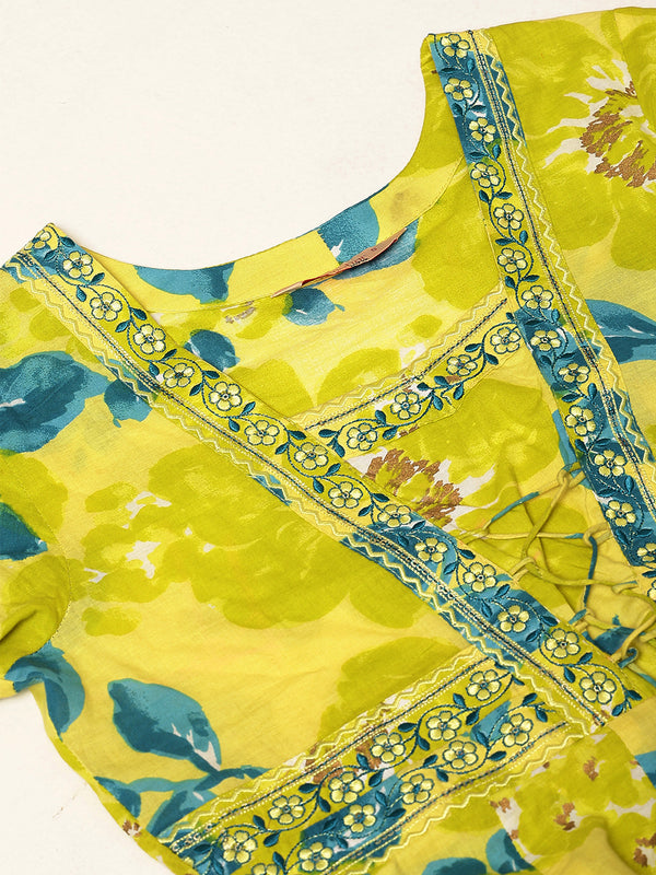 Lime Cotton Ankle Length Printed V-Neck  Anarkali Gown