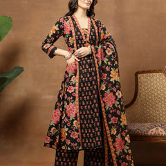 Cotton Calf Length Printed 3/4 Sleeves V-Neck Flared Kurta Suit Set