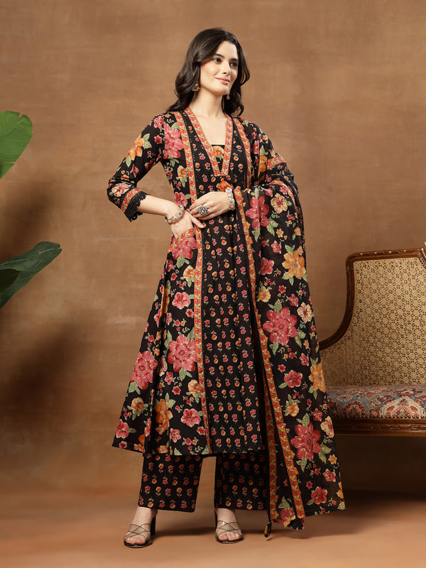 Cotton Calf Length Printed 3/4 Sleeves V-Neck Flared Kurta Suit Set