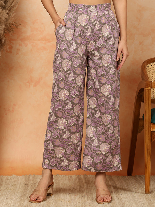 Lavender Cotton Calf Length Printed V-Neck Straight Kurta Palazzo Set