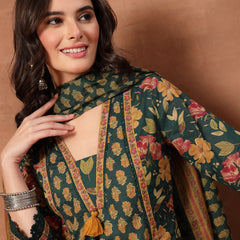 Cotton Calf Length Printed 3/4 Sleeves V-Neck Flared Kurta Suit Set