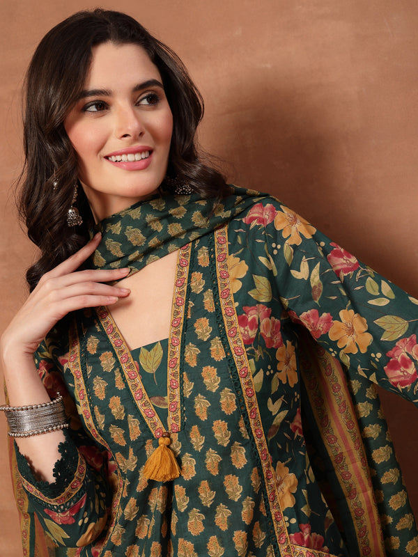 Cotton Calf Length Printed 3/4 Sleeves V-Neck Flared Kurta Suit Set