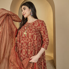 Gulmohar Jaipur Cotton Calf Length Printed 3/4 Sleeves Round Neck Anarkali Kurta Suit Set