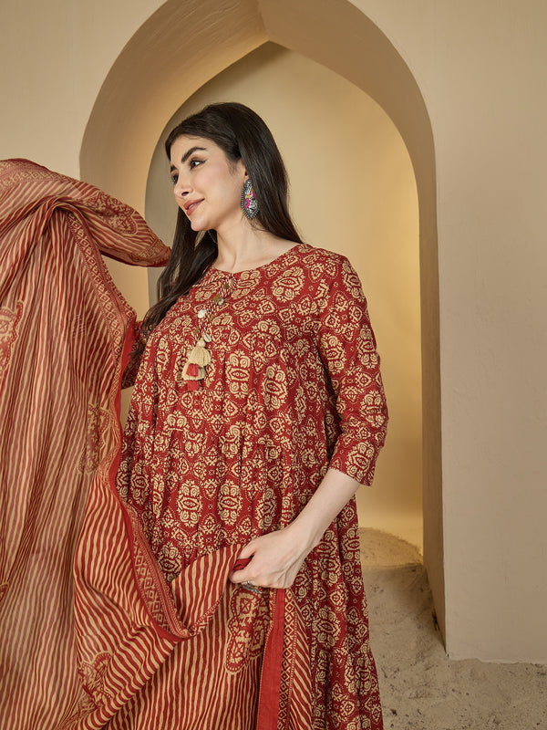 Gulmohar Jaipur Cotton Calf Length Printed 3/4 Sleeves Round Neck Anarkali Kurta Suit Set