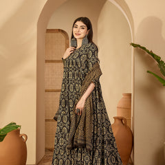 Gulmohar Jaipur Cotton Calf Length Printed 3/4 Sleeve Key Hole Neck Anarkali Kurta Suit Set