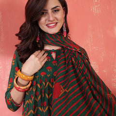 Cotton Calf Length Printed 3/4 Sleeves Key Hole Neck Anarkali Kurta Suit Set