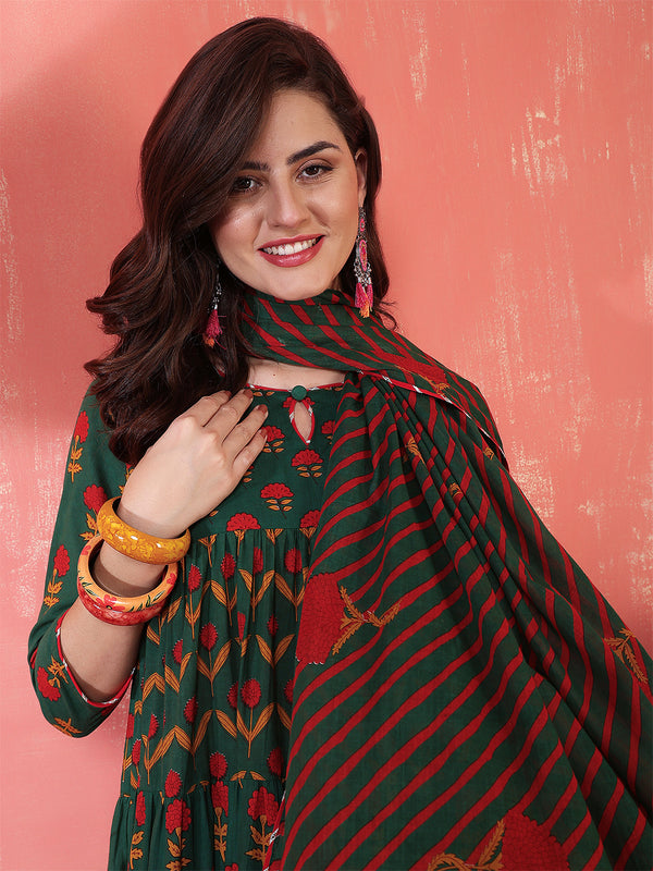 Cotton Calf Length Printed 3/4 Sleeves Key Hole Neck Anarkali Kurta Suit Set