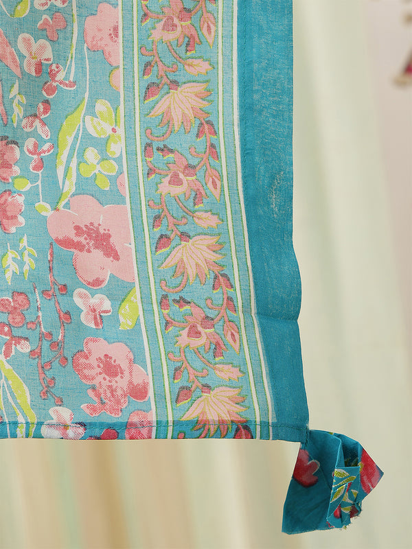 Blue Cotton Calf Length Printed Anarkali V-Neck Kurta Suit Set