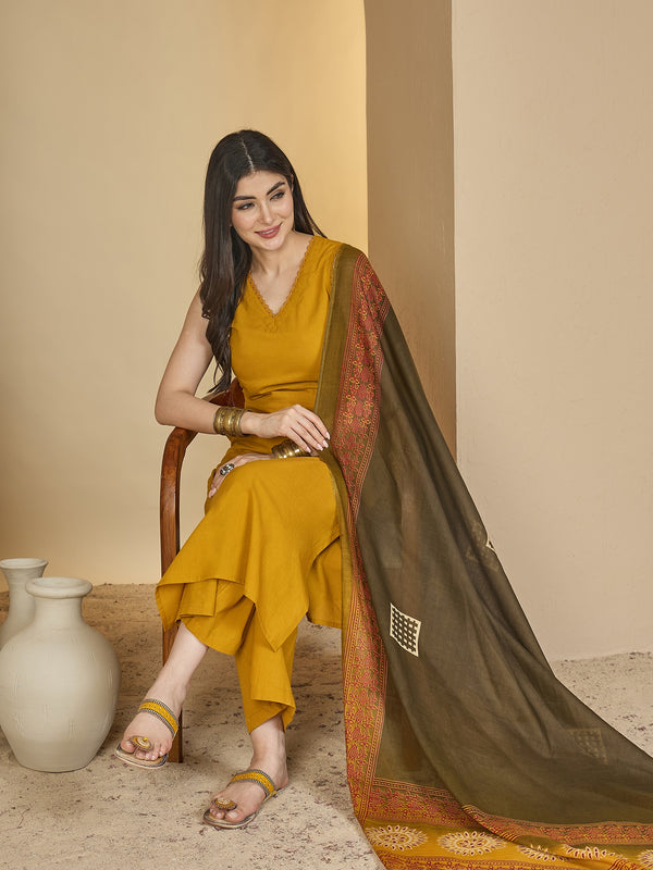 Gulmohar Jaipur Rayon Calf Length Solid Sleeveless V-Neck Straight Kurta Suit Set