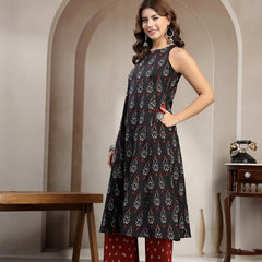 Cotton Calf Length Printed Sleeveless Round Neck Flared Kurta Suit Set