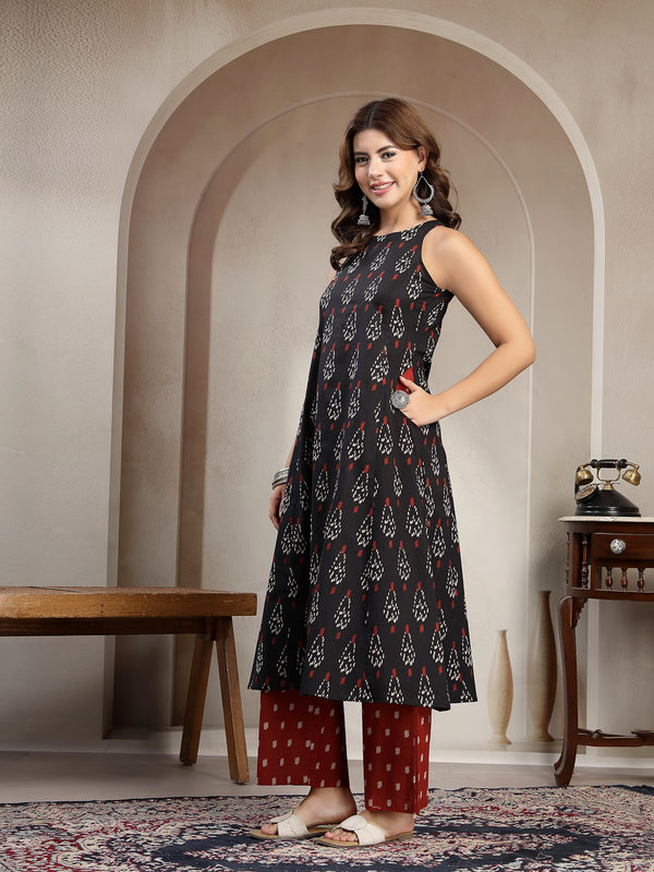 Cotton Calf Length Printed Sleeveless Round Neck Flared Kurta Suit Set