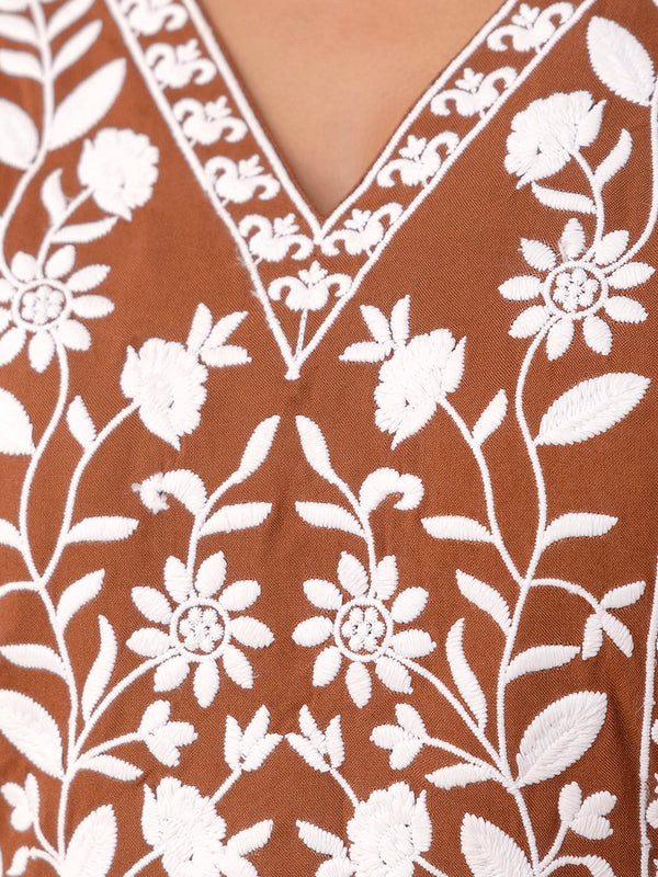 Brown Rayon Hip Length Solid V-Neck Solid Embroidered Semi-Flared Top
