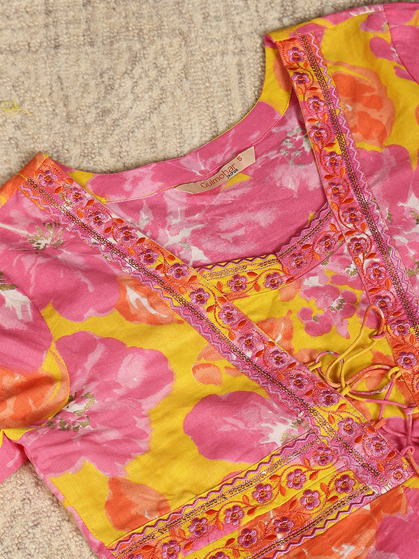Yellow Cotton Ankle Length Printed V-Neck  Anarkali Gown
